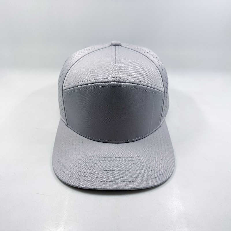 High Quality 7panel Sport Flat Brim Hat Polyester Laser Cut Hole Sanpback Cap
