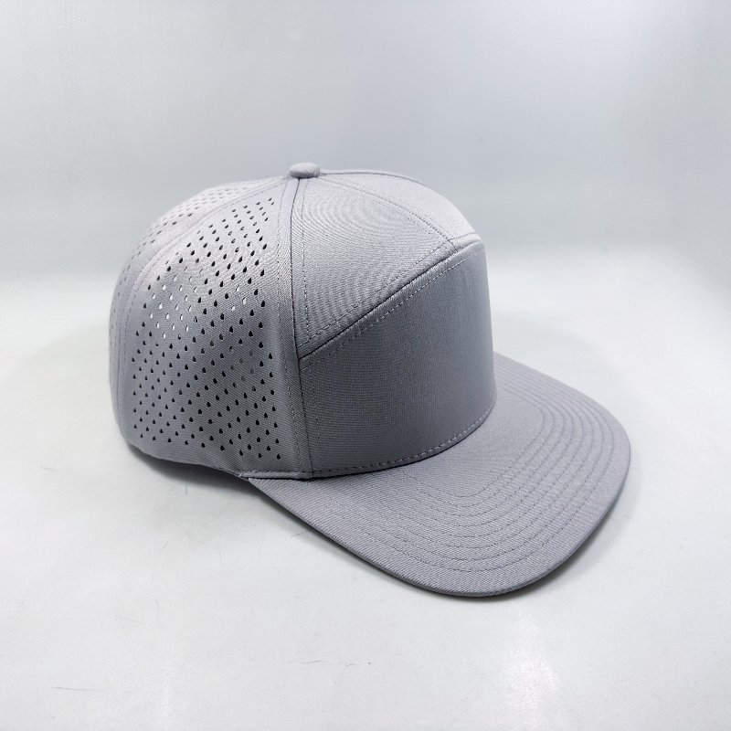High Quality 7panel Sport Flat Brim Hat Polyester Laser Cut Hole Sanpback Cap
