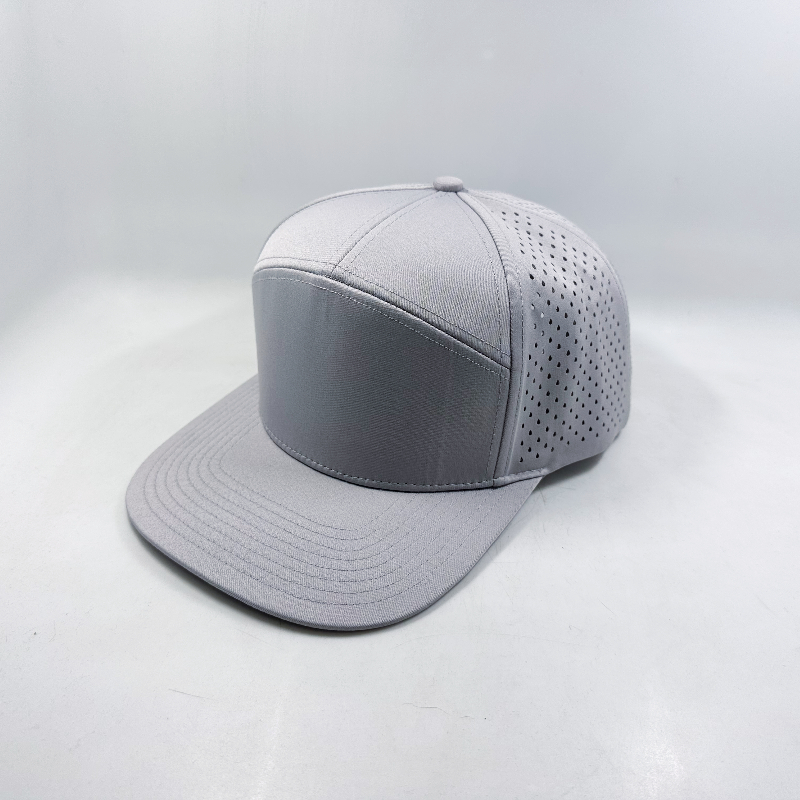 High Quality 7panel Sport Flat Brim Hat Polyester Laser Cut Hole Sanpback Cap